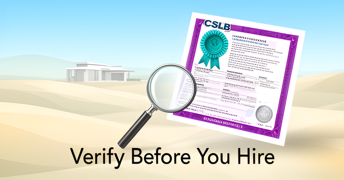 A stylized illustration of a magnifying glass over a CSLB license certificate with bond and classification details.